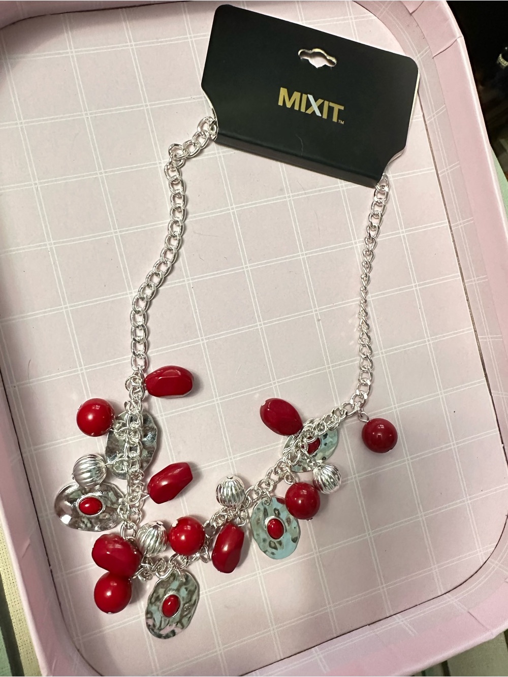 MIXIT Red Beaded Drop Statement Necklace